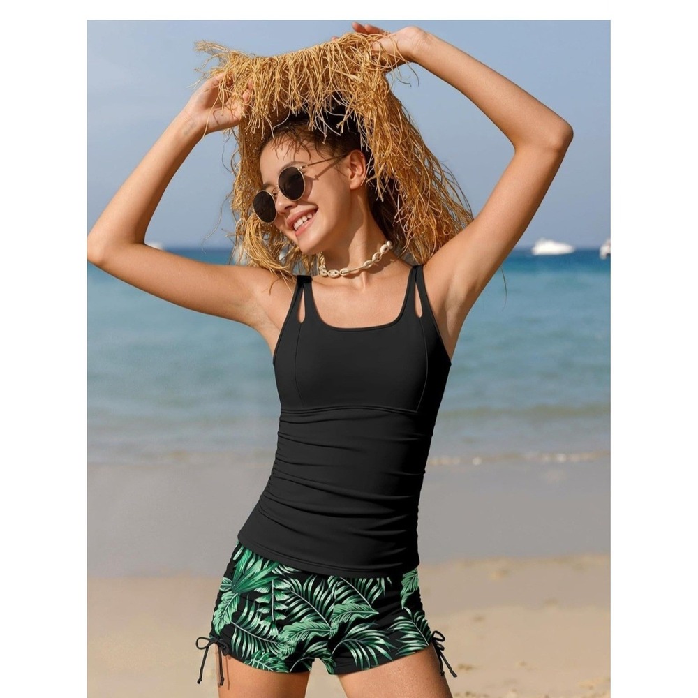 Girls tankini 2 piece swimsuit tropical black and green board shorts 15-16 - Picture 3 of 5